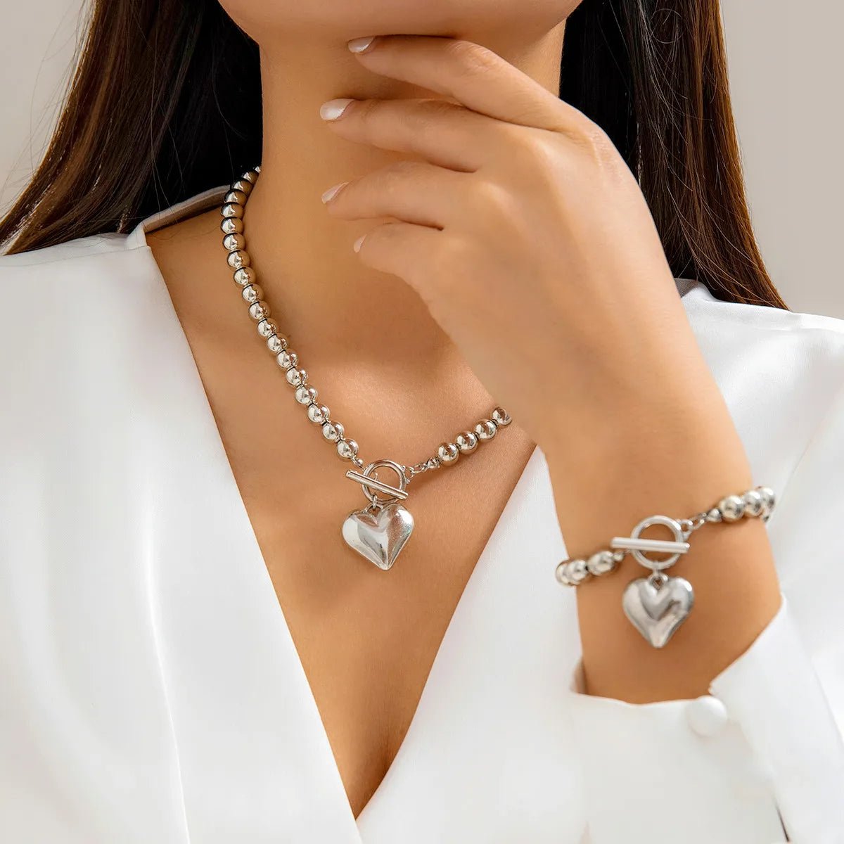 Zyra Stone Beaded Heart Pendant Bracelet and Necklace Set