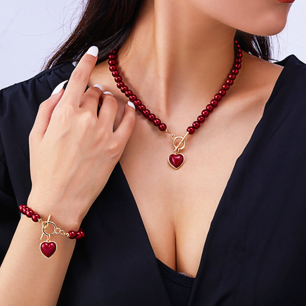 Zyra Stone Beaded Heart Pendant Bracelet and Necklace Set