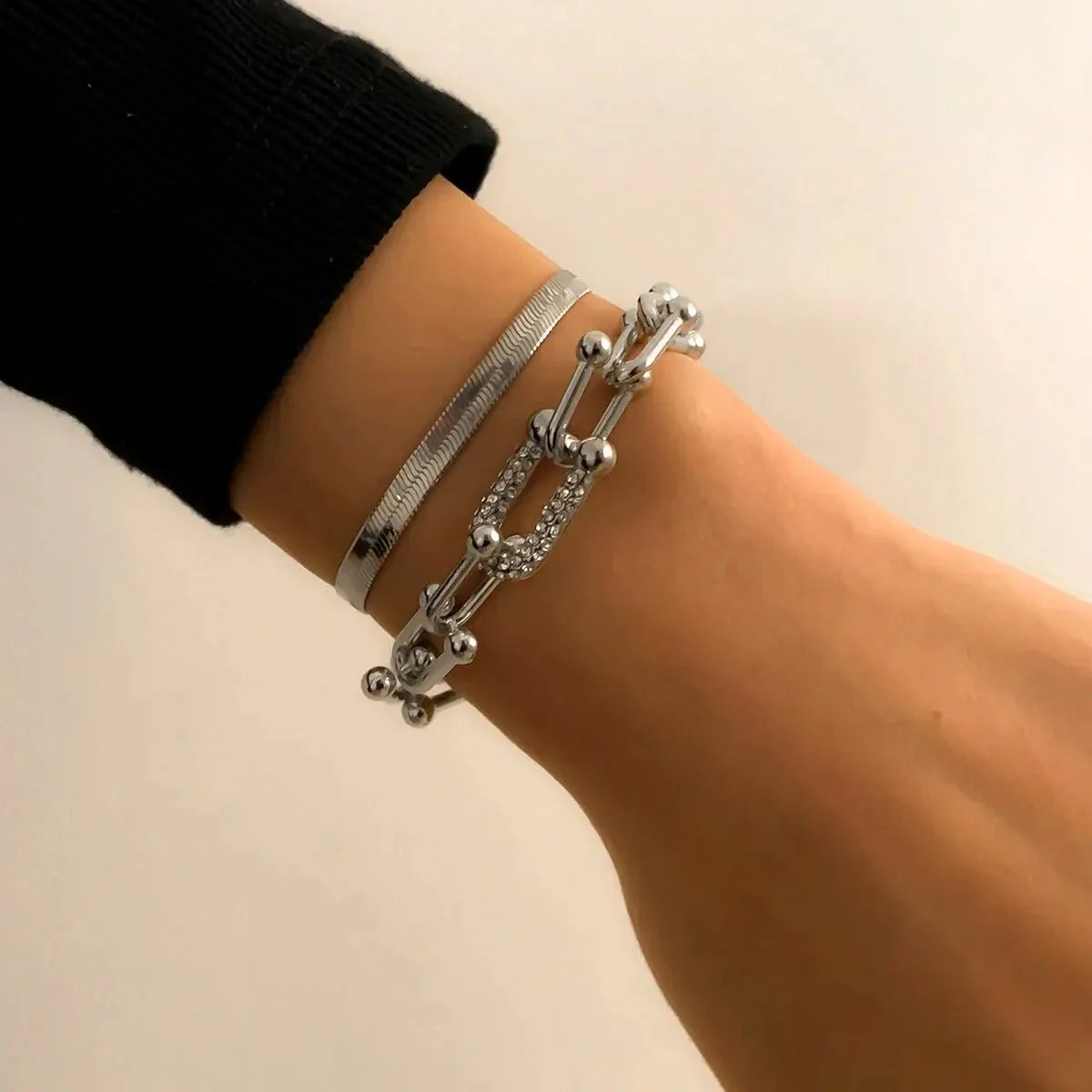 Zyra Stone presents the 2pc Statement Chain Lock & Herringbone Bracelet Set
