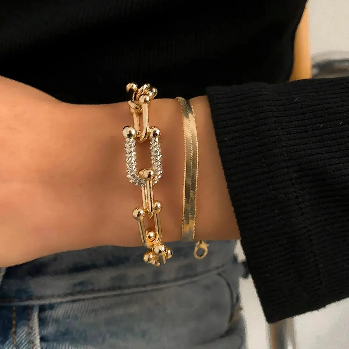 Zyra Stone presents the 2pc Statement Chain Lock & Herringbone Bracelet Set