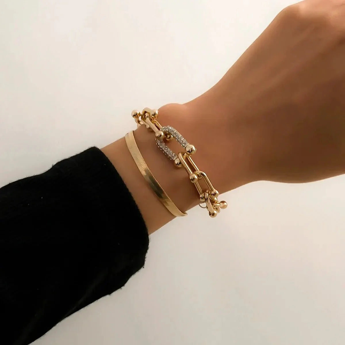 Zyra Stone presents the 2pc Statement Chain Lock & Herringbone Bracelet Set