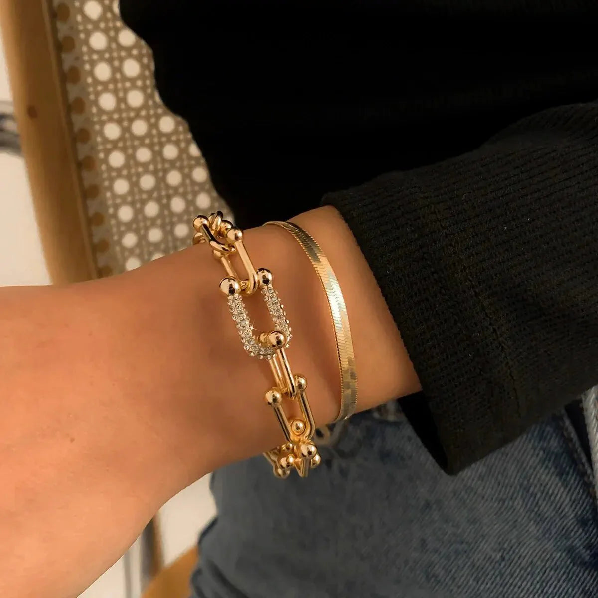 Zyra Stone presents the 2pc Statement Chain Lock & Herringbone Bracelet Set