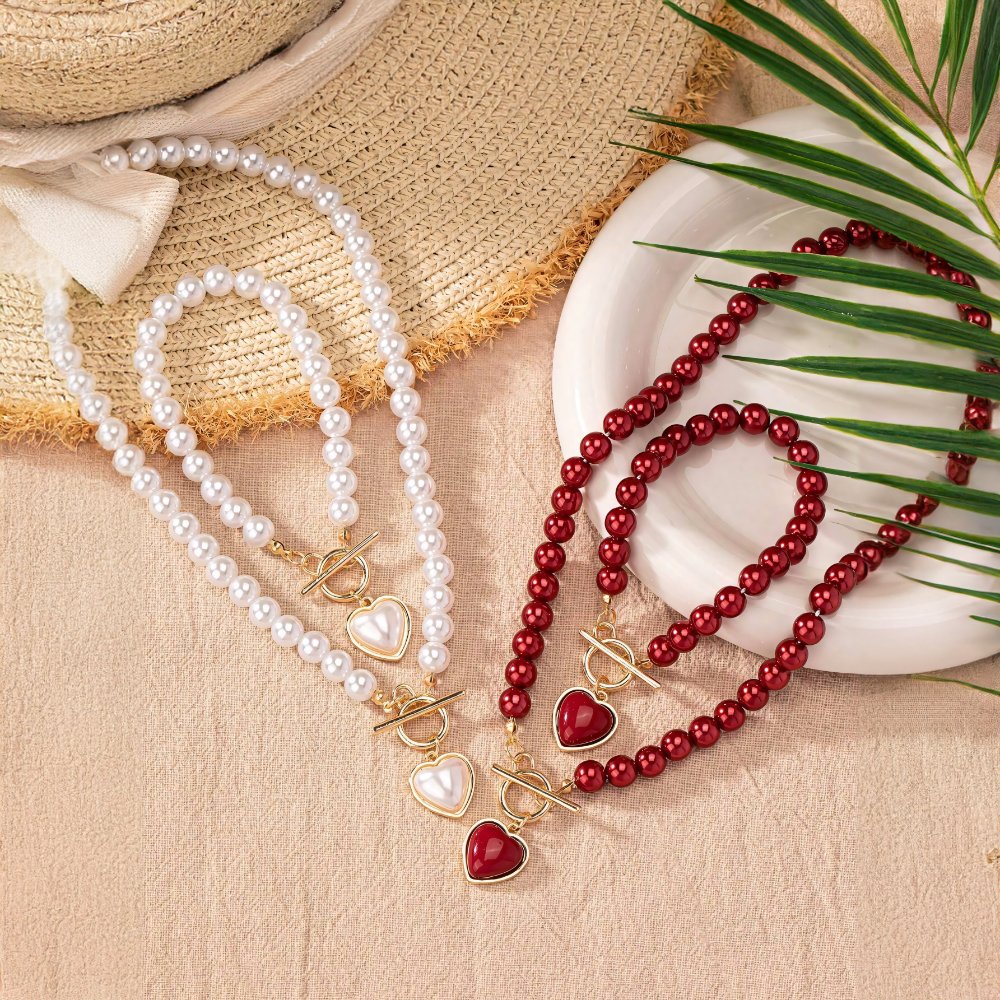 Zyra Stone Beaded Heart Pendant Bracelet and Necklace Set