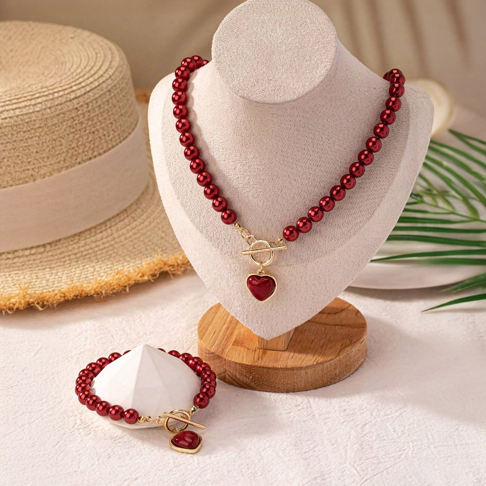 Zyra Stone Beaded Heart Pendant Bracelet and Necklace Set