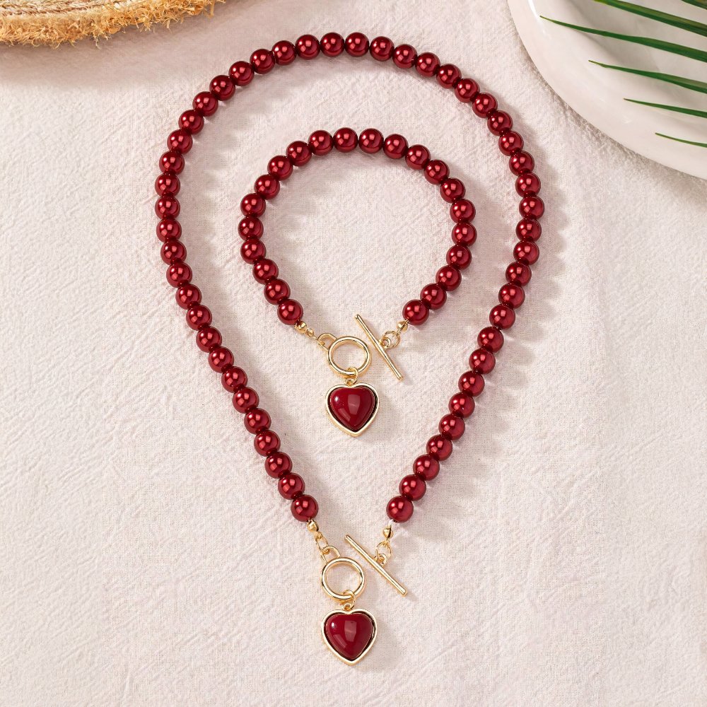 Zyra Stone Beaded Heart Pendant Bracelet and Necklace Set