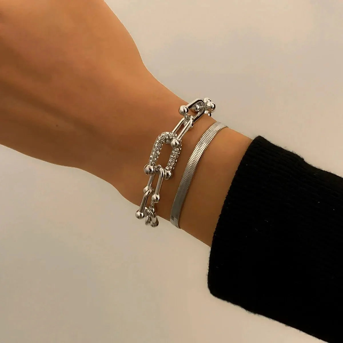 Zyra Stone presents the 2pc Statement Chain Lock & Herringbone Bracelet Set